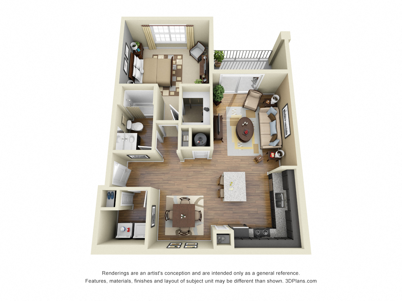 Floor plan for 1 bed, 1 bath, 885 sqft